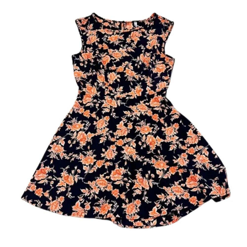 Hottie Sleeveless Bright Orange and Navy Floral Dress with Back Cutout Size - M
